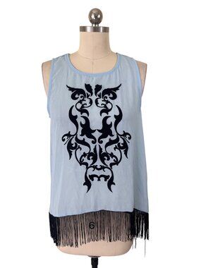 Y2K Boho Coastal Cowgirl Tunic Top Medium Blue Fringe Burnout Velvet Festival